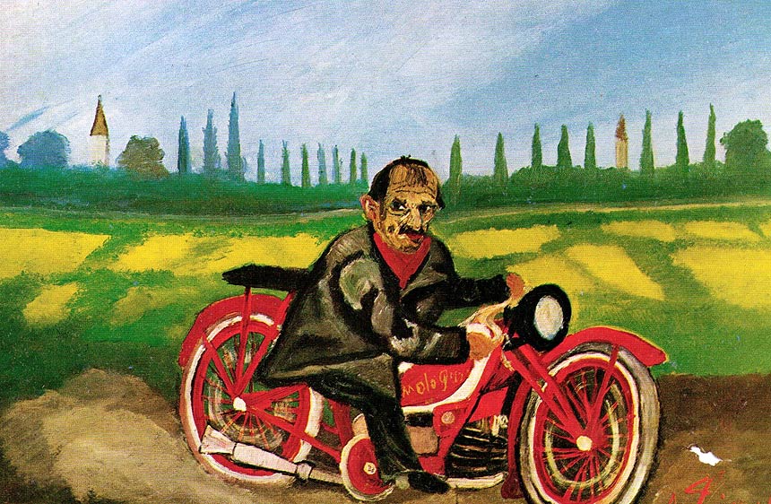 Antonio-Ligabue,-Autoritratto-sulla-moto,-1953,-olio-su-faesite-cm-39-x-57