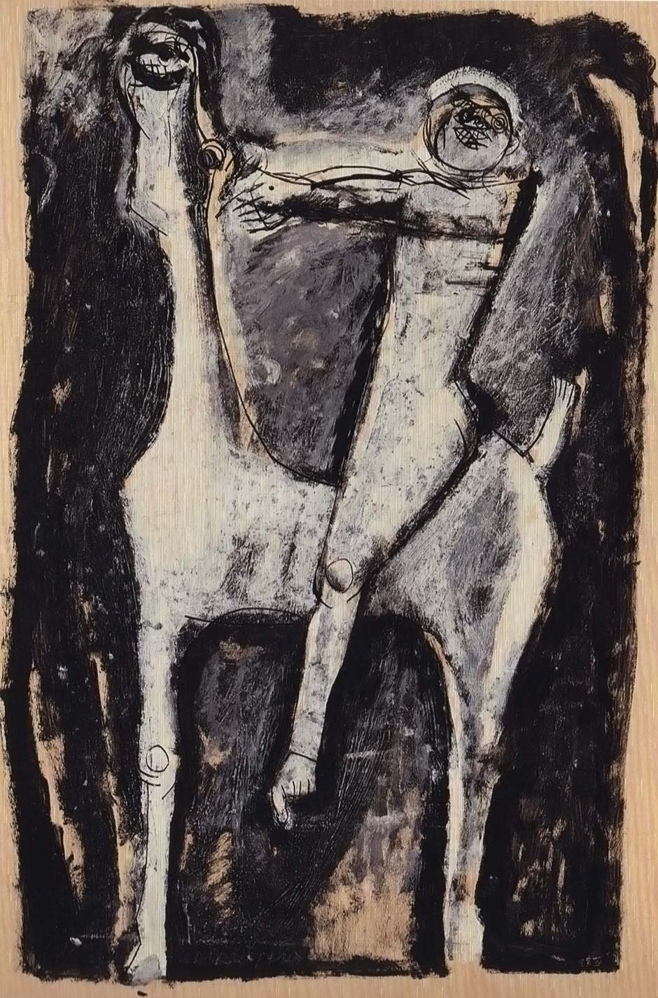 Marino Marini, Cavallo e cavaliere, 1955, tecnica mista su carta incollata su tela, collezione privata