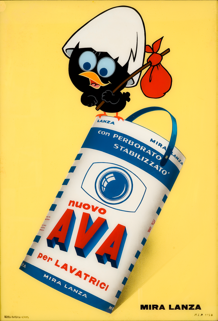Produzione Pagot, Calimero, pubblicità per Ava Mira Lanza, 1965, vetrofania. Collezione Galleria L'IMAGE, Alassio (SV)